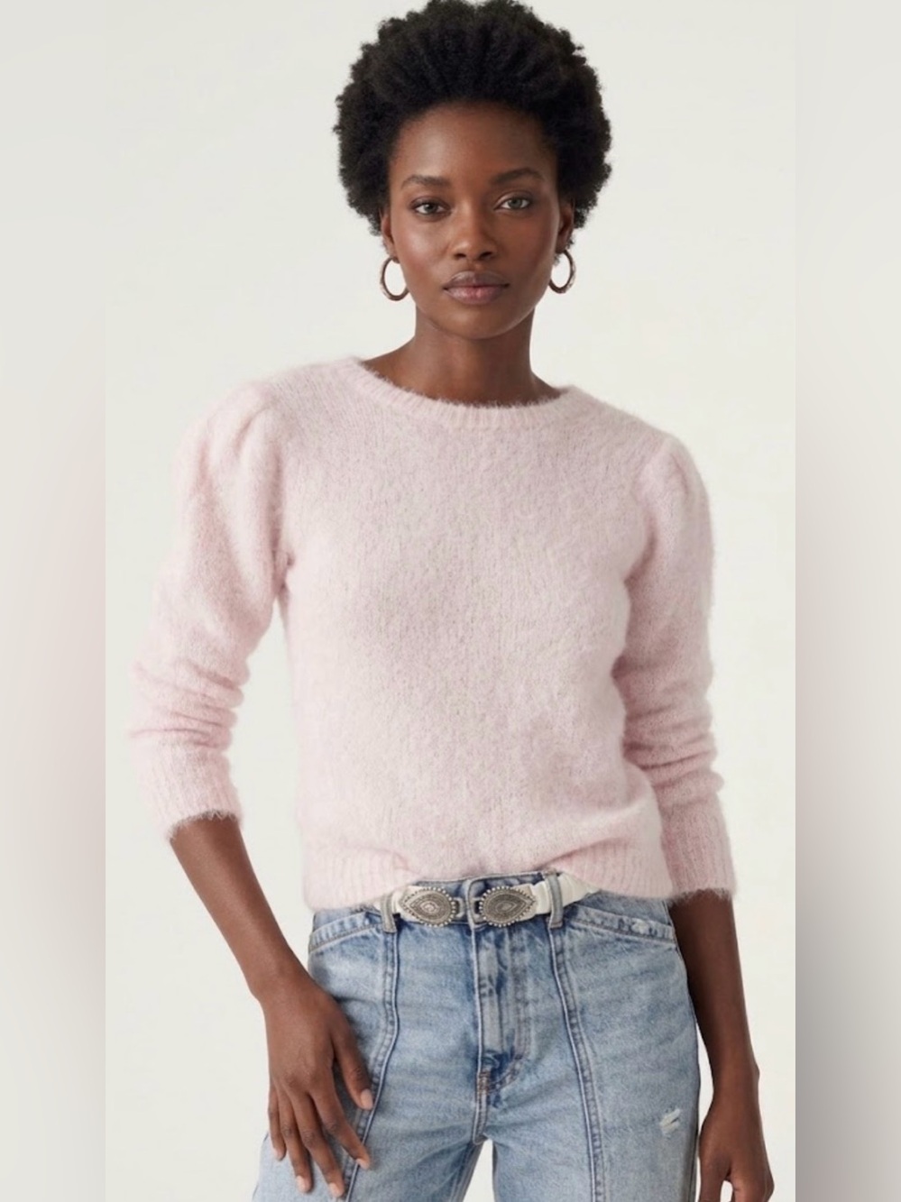 ba&sh Pale Pink Puff-Sleeve Crewneck Sweater